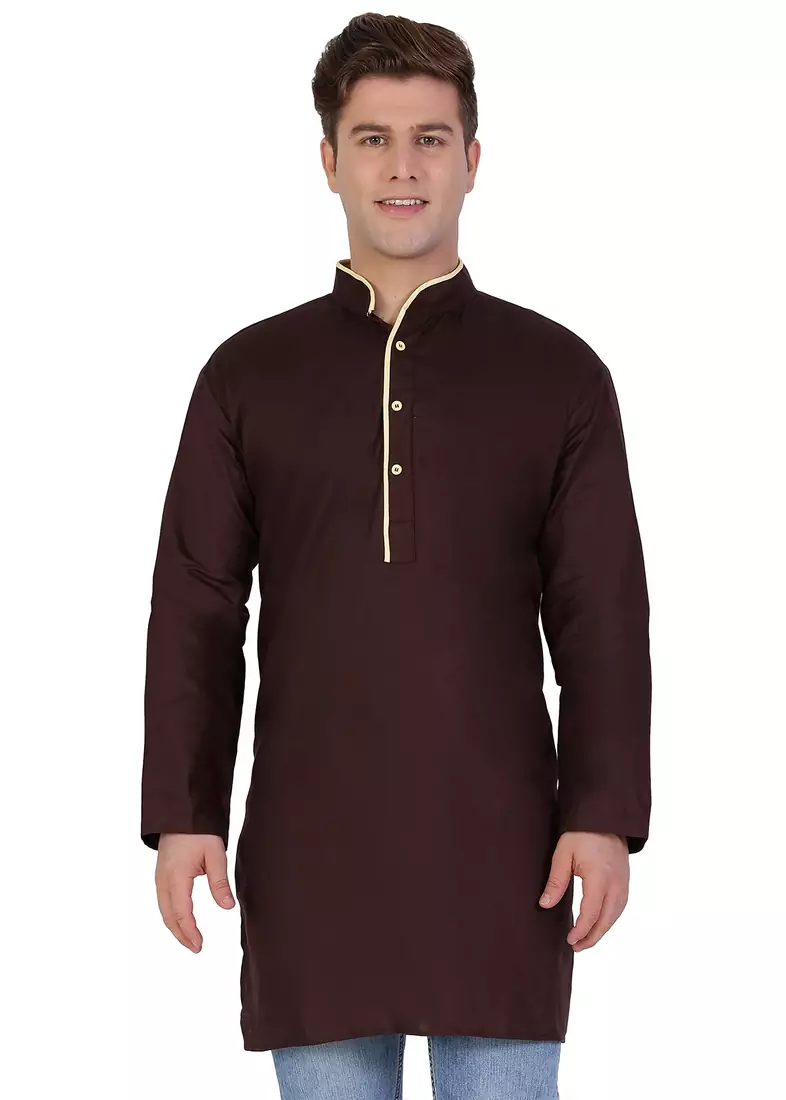 Brown Cotton Plain Men Kurta