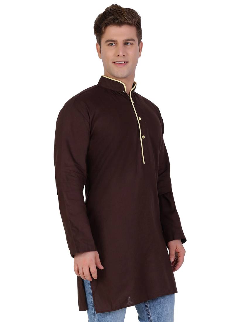 Brown Cotton Plain Men Kurta