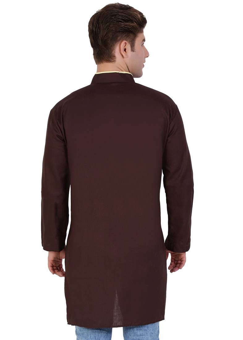 Brown Cotton Plain Men Kurta
