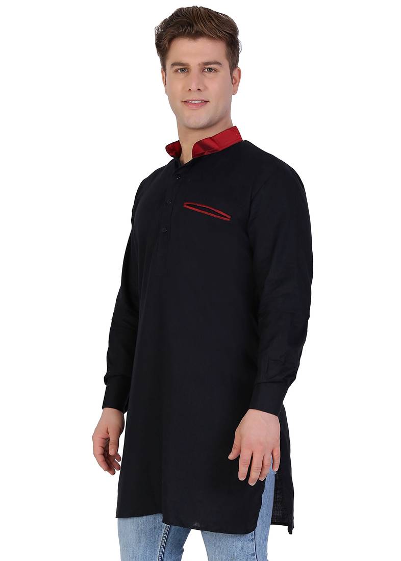 Black Cotton Plain Men Kurta