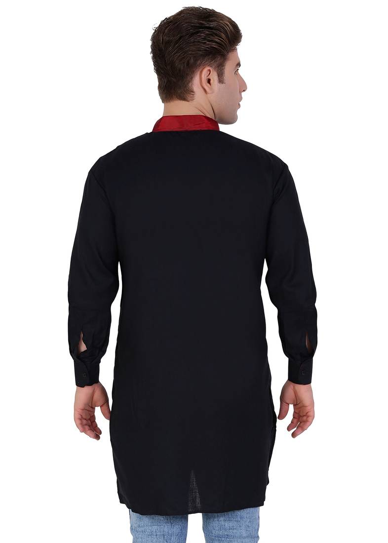 Black Cotton Plain Men Kurta