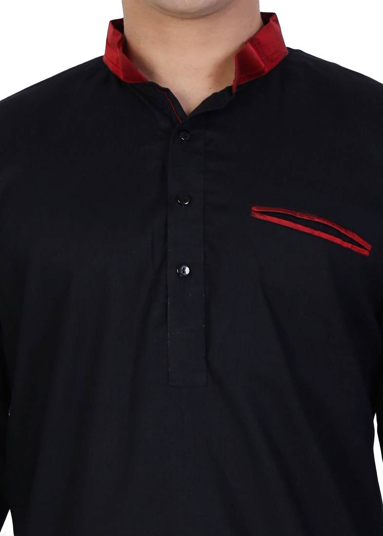Black Cotton Plain Men Kurta