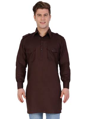 Brown Cotton Plain Men Kurta 1
