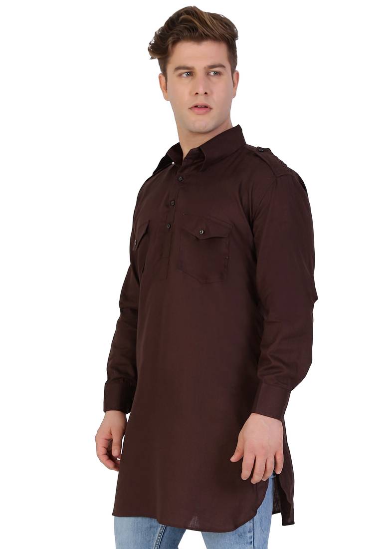 Brown Cotton Plain Men Kurta