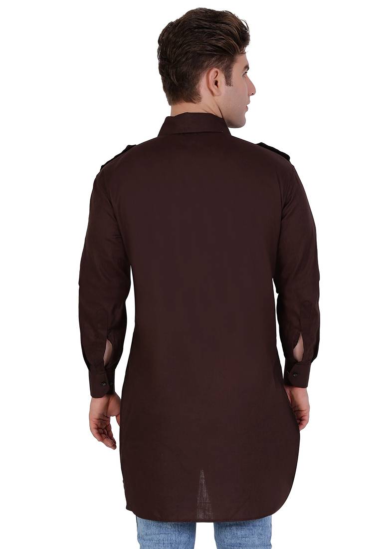Brown Cotton Plain Men Kurta