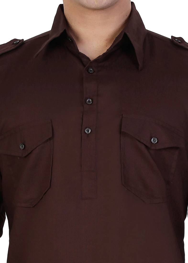 Brown Cotton Plain Men Kurta