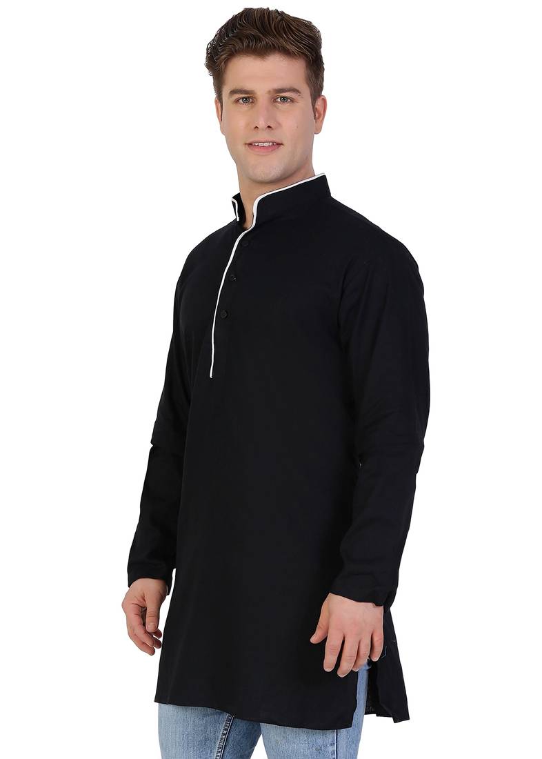 Black Cotton Plain Men Kurta
