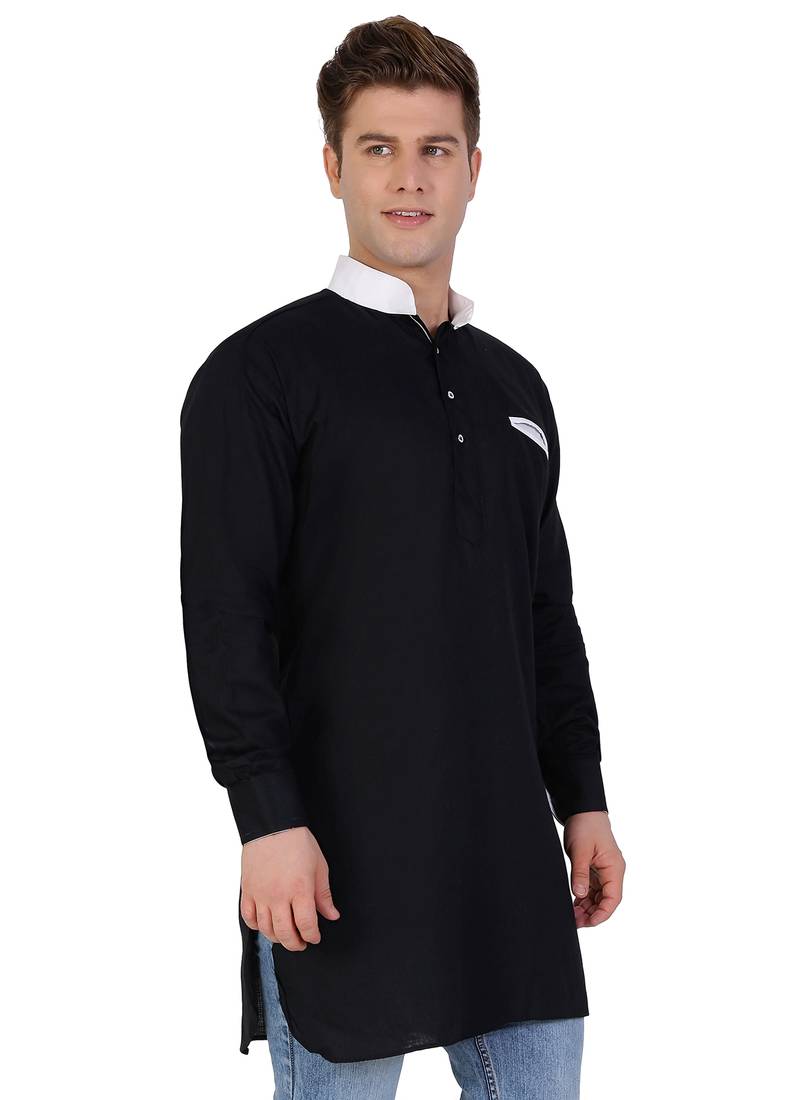 Black Cotton Plain Men Kurta