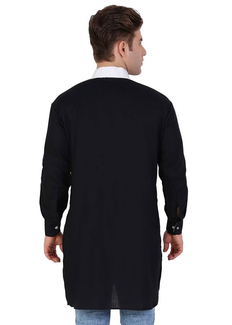 Black Cotton Plain Men Kurta