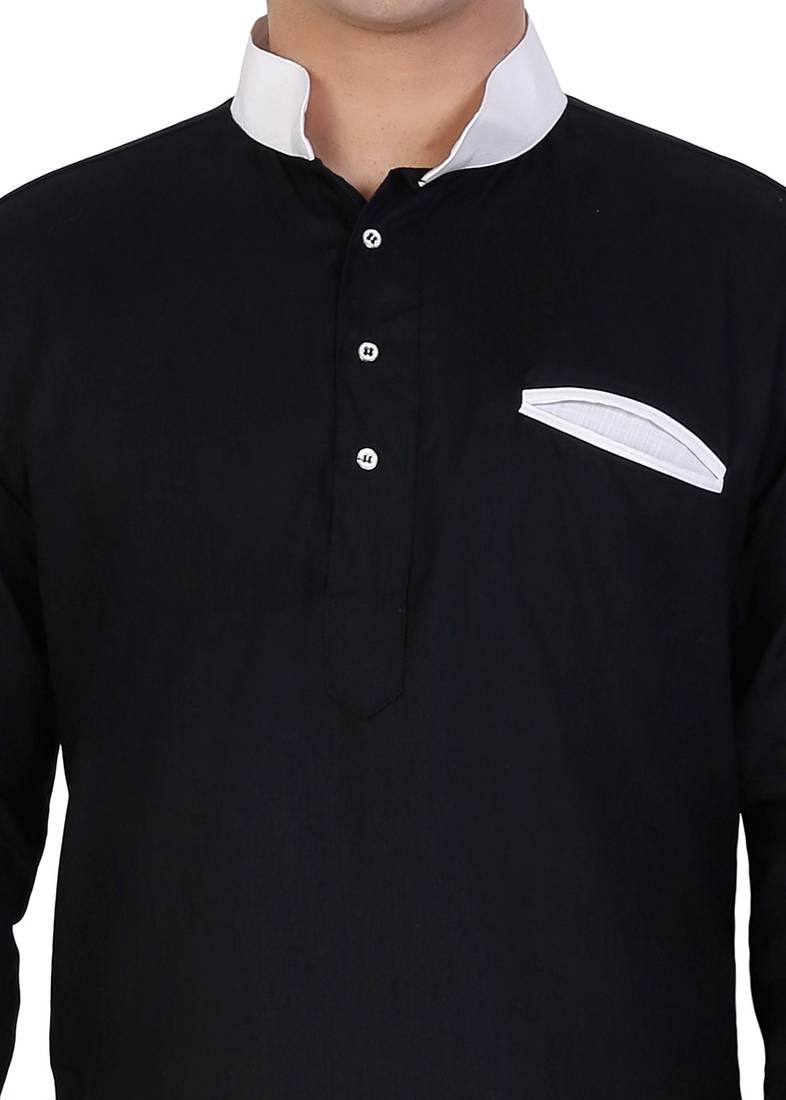 Black Cotton Plain Men Kurta