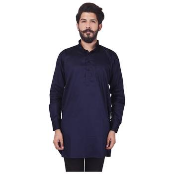 Blue Cotton Plain Men Kurta 1