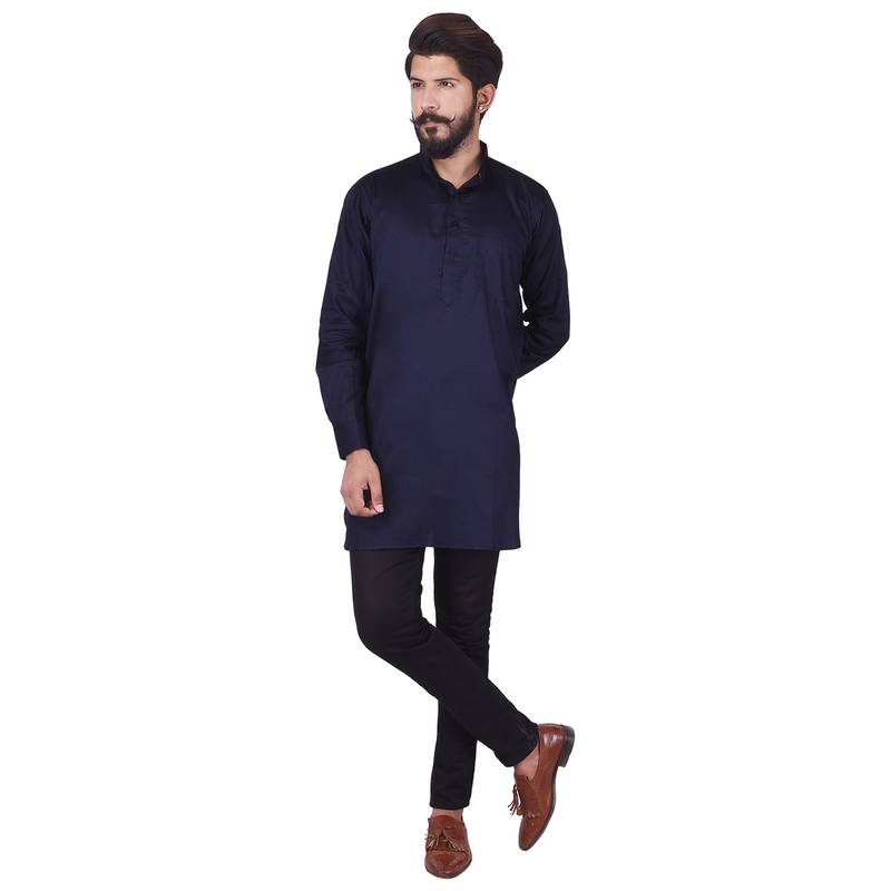 Blue Cotton Plain Men Kurta