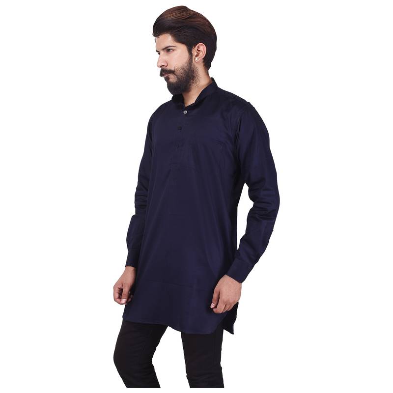 Blue Cotton Plain Men Kurta