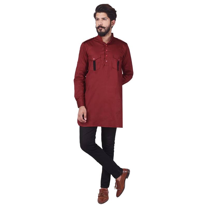 Red Cotton Plain Men Kurta