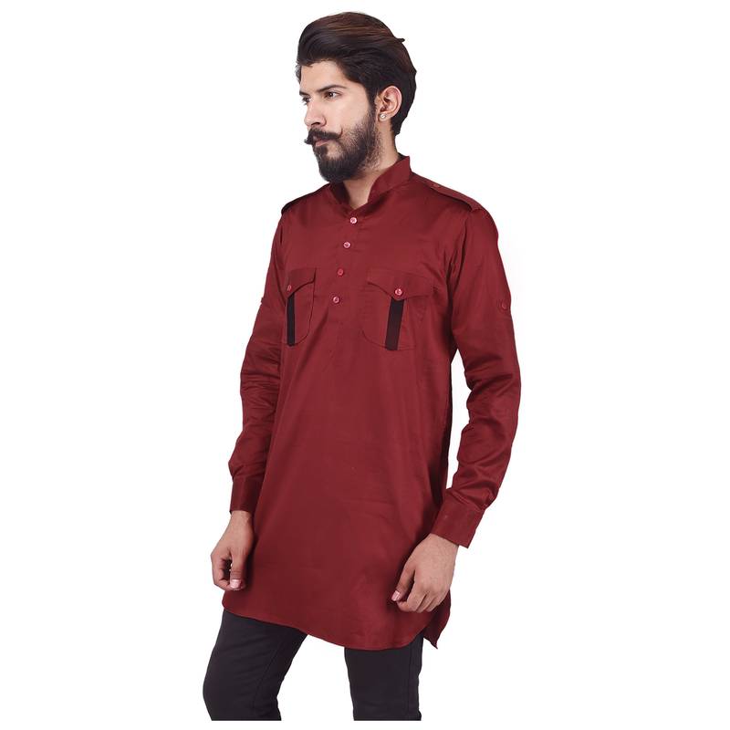 Red Cotton Plain Men Kurta
