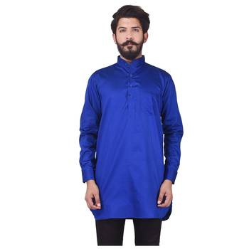Blue Cotton Plain Men Kurta 1