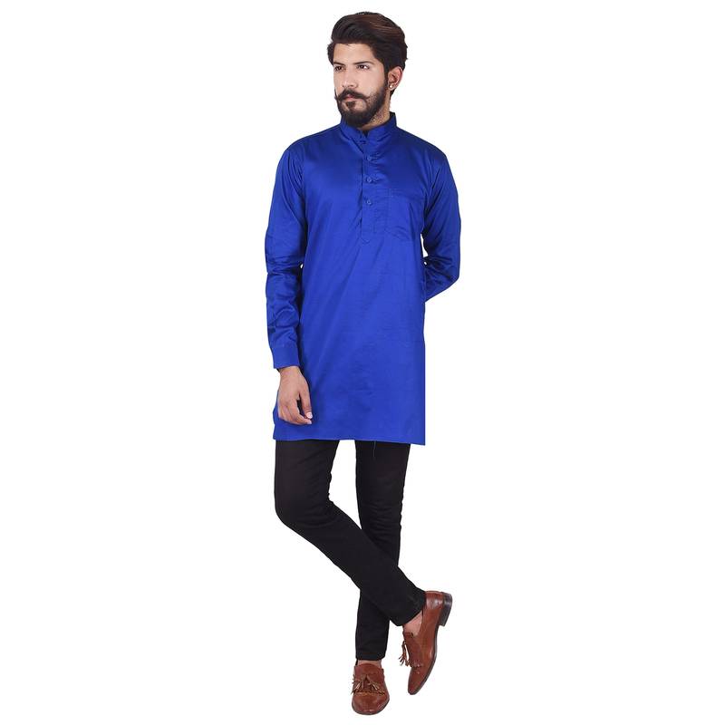 Blue Cotton Plain Men Kurta