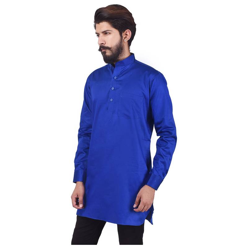Blue Cotton Plain Men Kurta