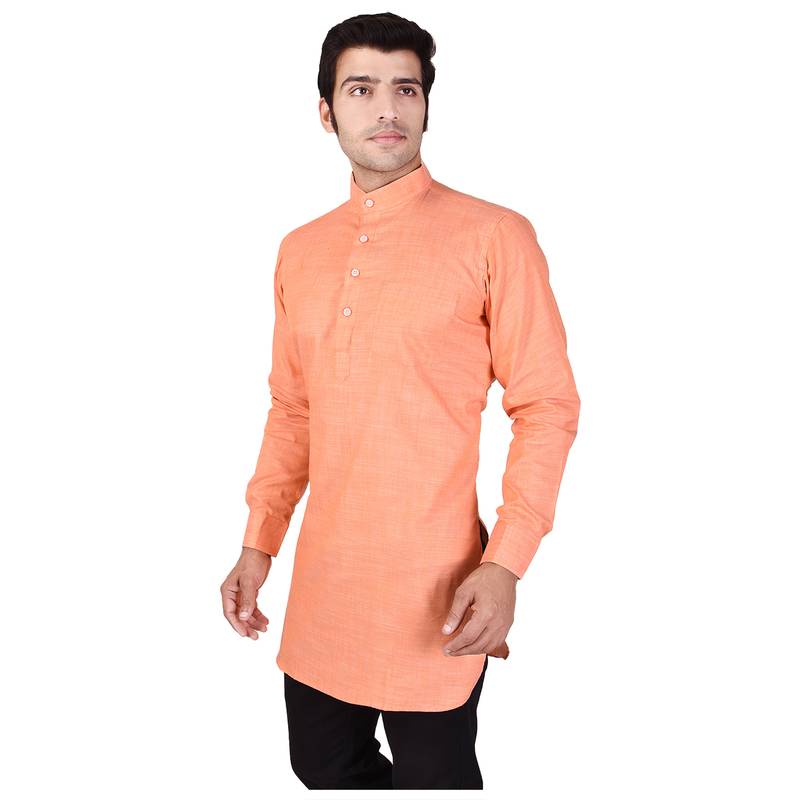 Orange Cotton Plain Men Kurta