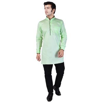 Green Cotton Plain Men Kurta 1