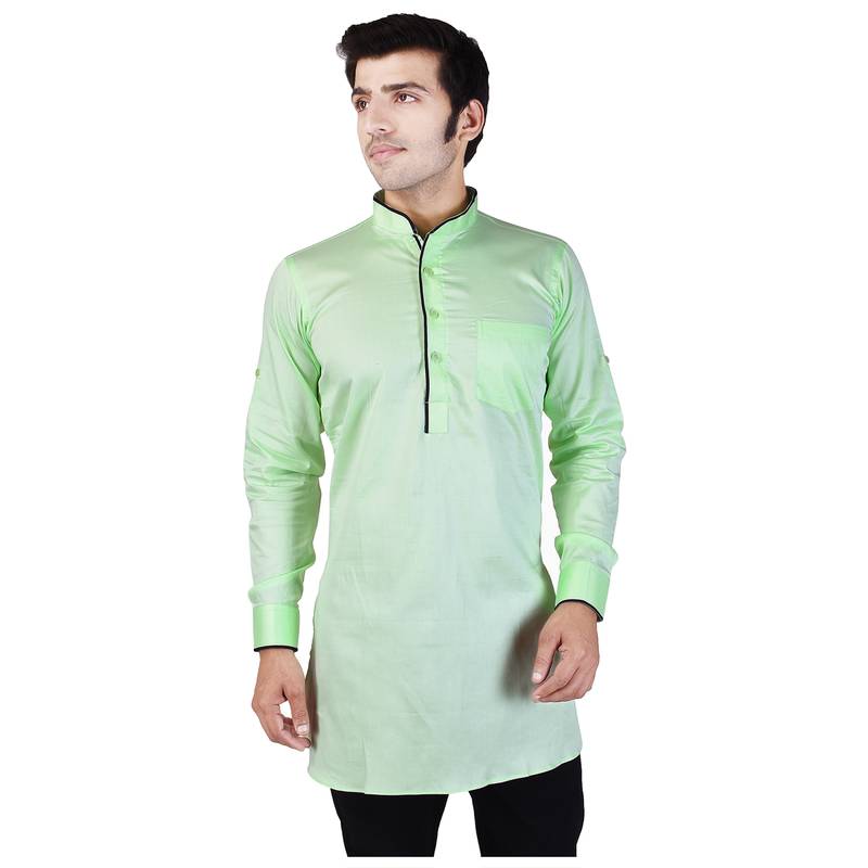 Green Cotton Plain Men Kurta