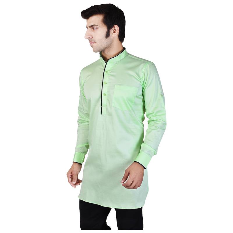 Green Cotton Plain Men Kurta