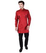 Red Cotton Plain Men Kurta