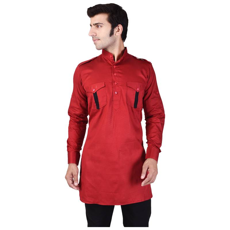 Red Cotton Plain Men Kurta