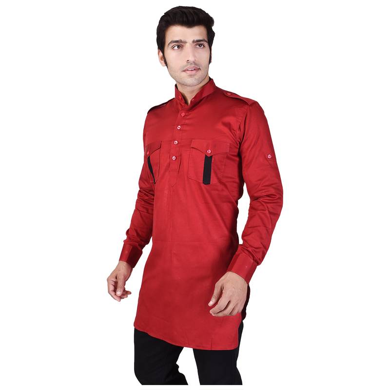 Red Cotton Plain Men Kurta