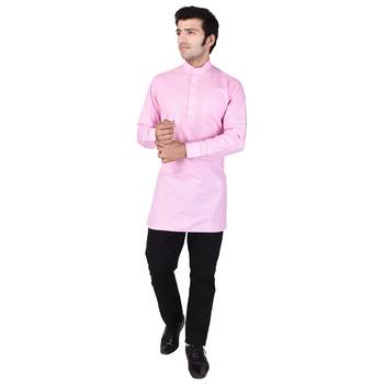 Pink Cotton Plain Men Kurta 1
