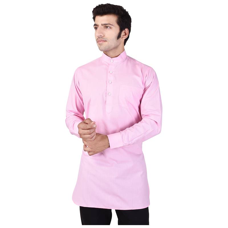 Pink Cotton Plain Men Kurta