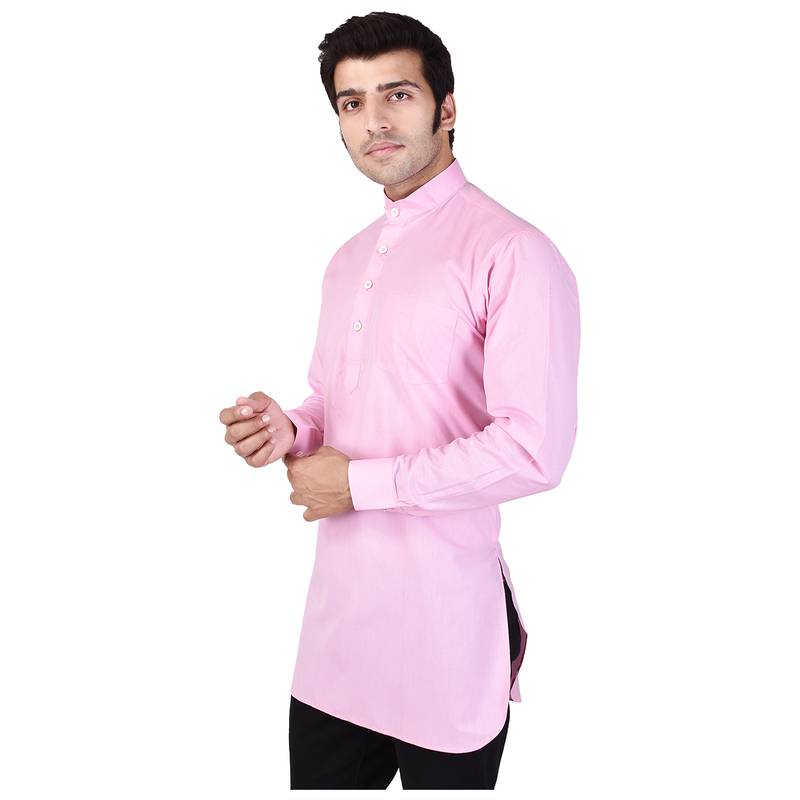 Pink Cotton Plain Men Kurta