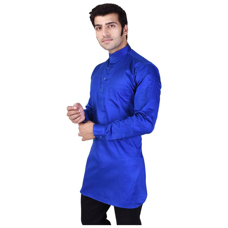 Blue Cotton Plain Men Kurta