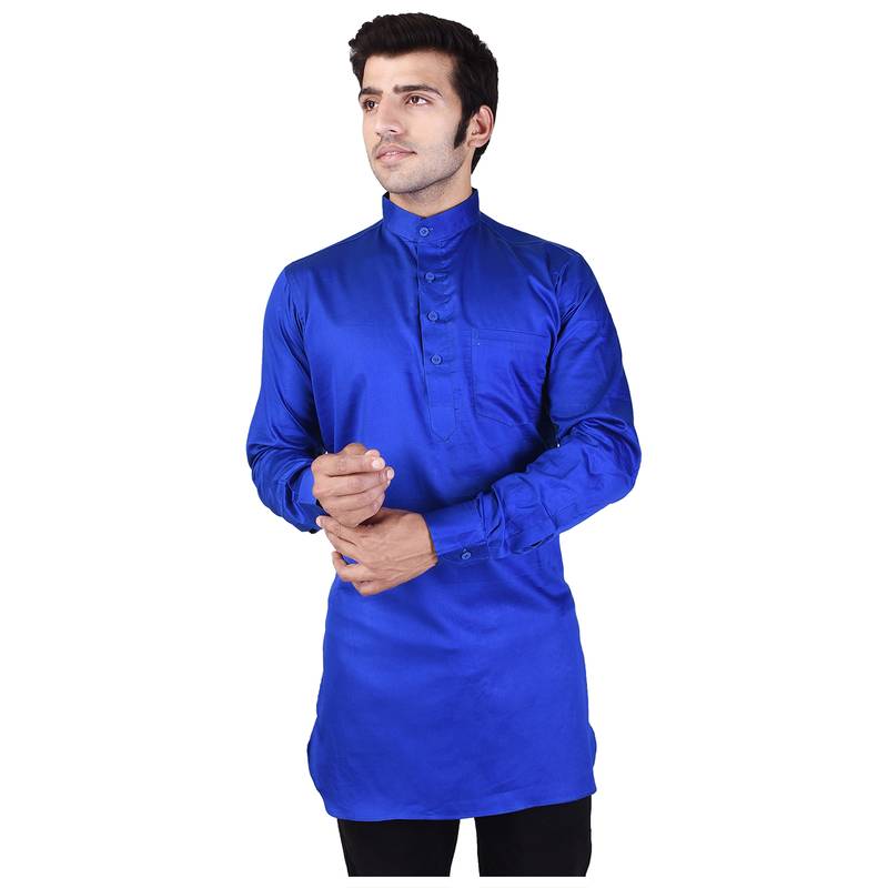 Blue Cotton Plain Men Kurta
