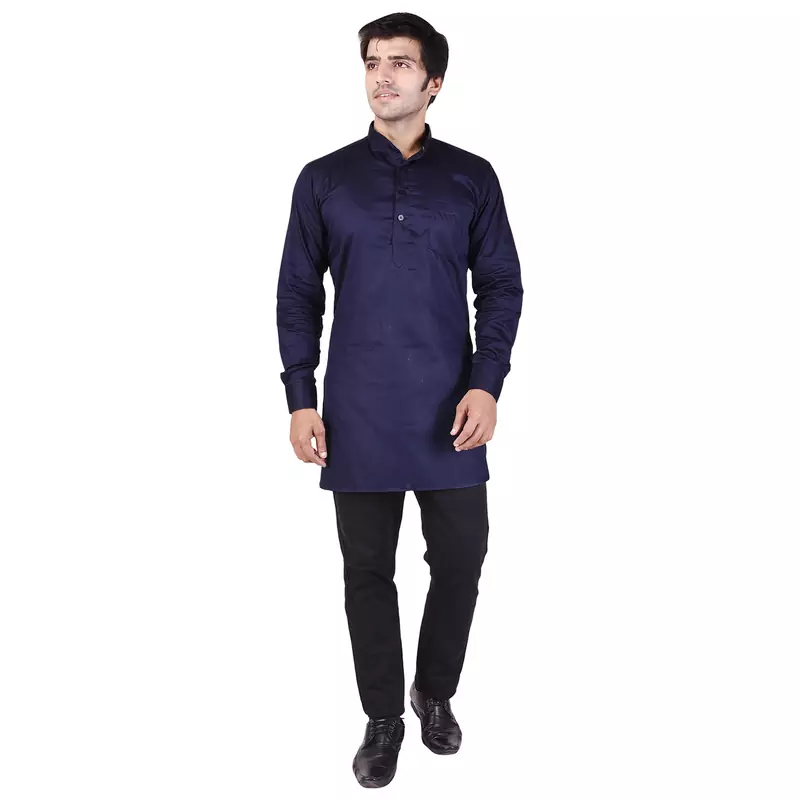 Blue Cotton Plain Men Kurta