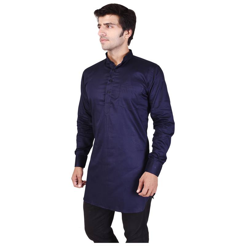 Blue Cotton Plain Men Kurta