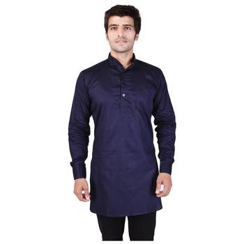 Blue Cotton Plain Men Kurta 3