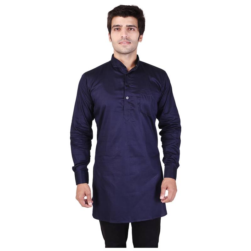 Blue Cotton Plain Men Kurta