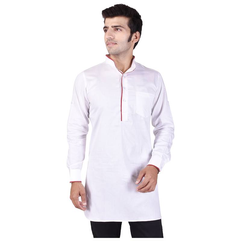 White Cotton Plain Men Kurta
