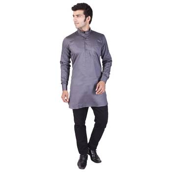 Grey Cotton Plain Men Kurta 1