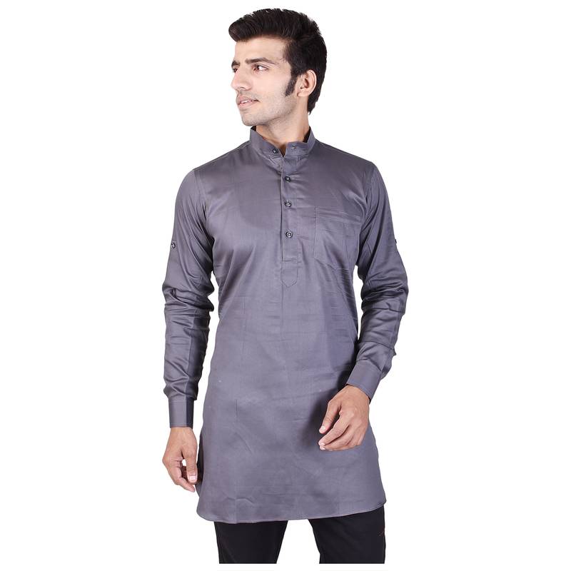 Grey Cotton Plain Men Kurta