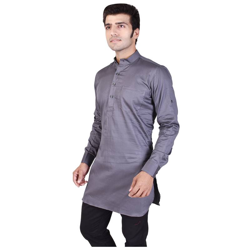 Grey Cotton Plain Men Kurta