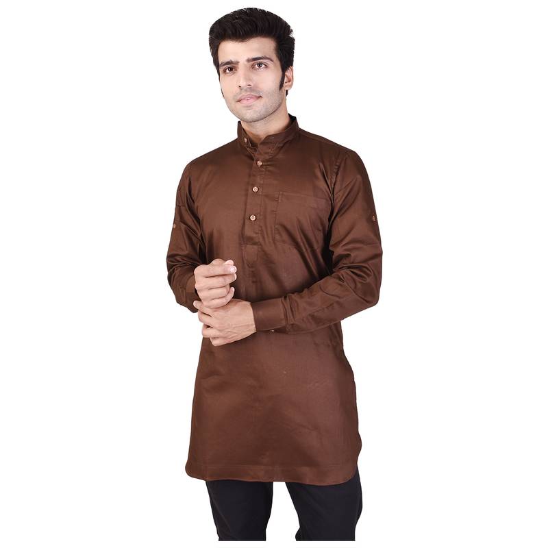 Brown Cotton Plain Men Kurta