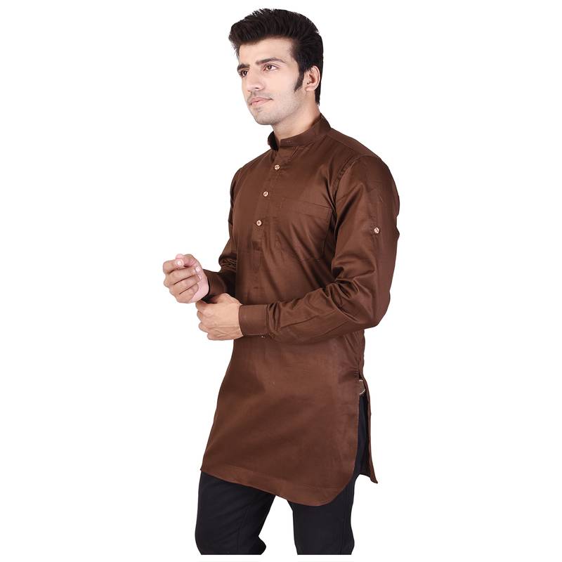 Brown Cotton Plain Men Kurta