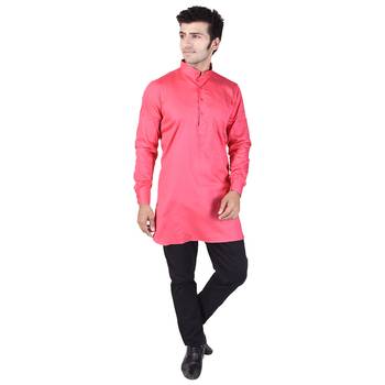 Pink Cotton Plain Men Kurta 1