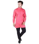 Pink Cotton Plain Men Kurta