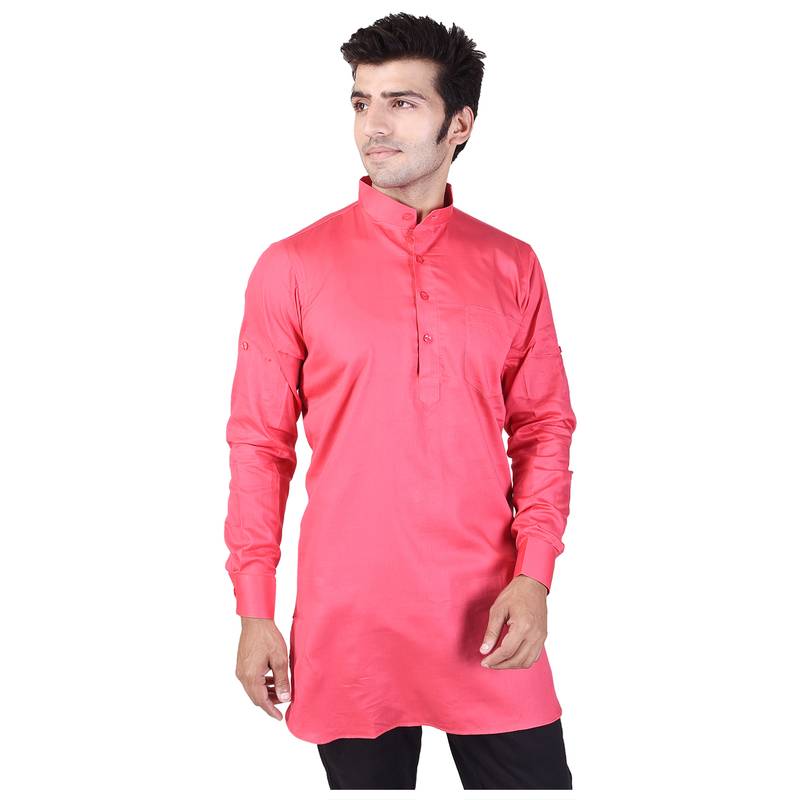 Pink Cotton Plain Men Kurta