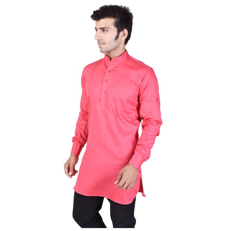 Pink Cotton Plain Men Kurta