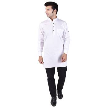 White Cotton Plain Men Kurta 1