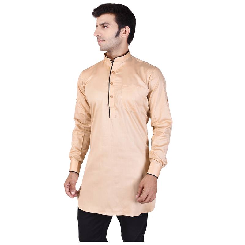 Beige Cotton Plain Men Kurta